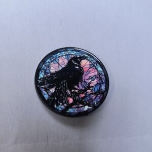 Decorative Bird Perch Button - Black Raven on Pink & Blue
